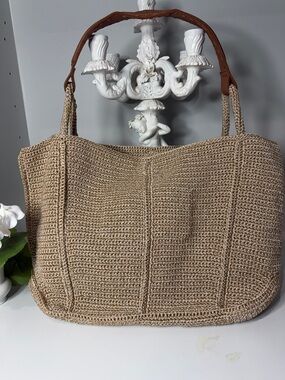 The sac. Woven Straw Tote Bag with Brown Leather Handles New